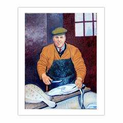 Albert Clifford Walker filleting fish on Grimsby docks circa 1960s, (2011), oil on linen, 90  x 120 cm (8×10)